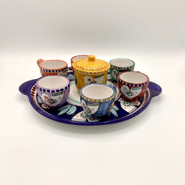 Set 6 tazzine da caffè con zuccheriera, decoro uccellino