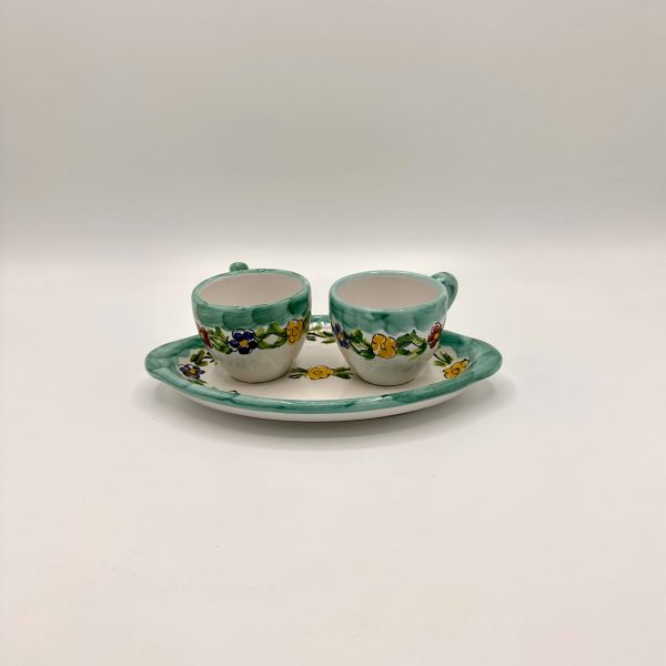 Set 2 tazzine da caffè con vassoio ovale, decoro Primavera