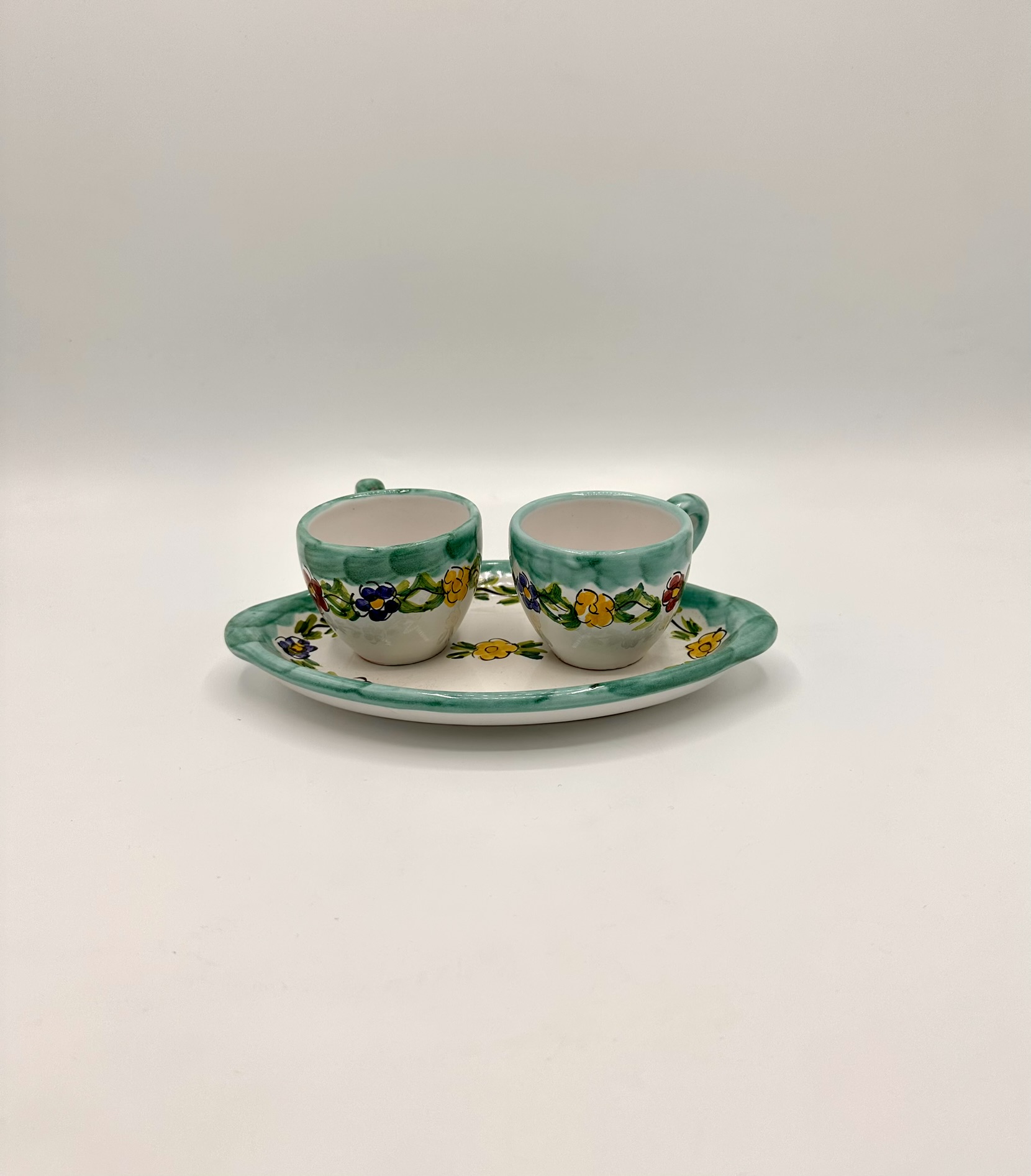 Set 2 tazzine da caffè con vassoio ovale, decoro Primavera