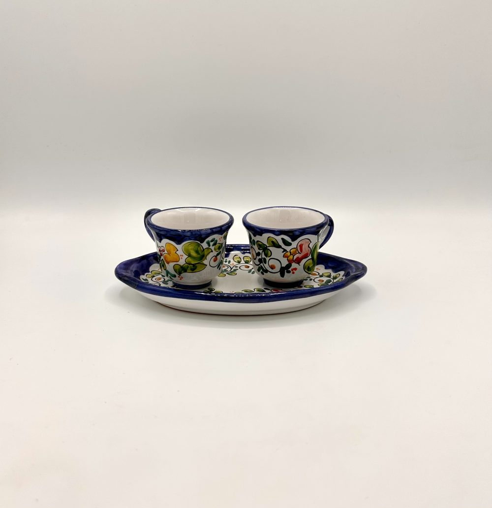 Set 2 tazzine da caffè con vassoio ovale, decoro Fiori Vietri