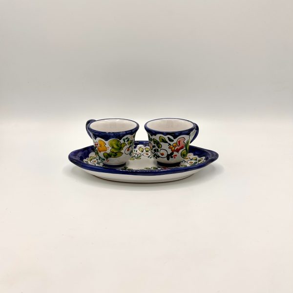 Set 2 tazzine da caffè con vassoio ovale, decoro Fiori Vietri