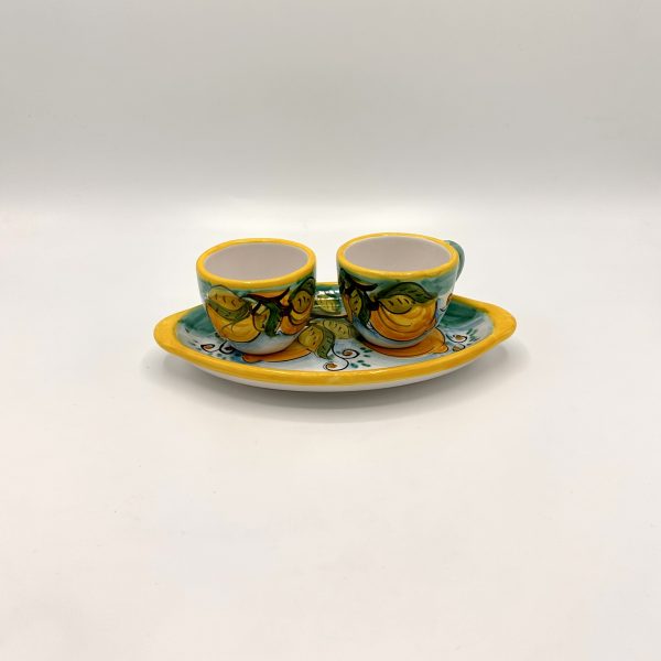 Set 2 tazzine da caffè con vassoio ovale, decoro Limoni