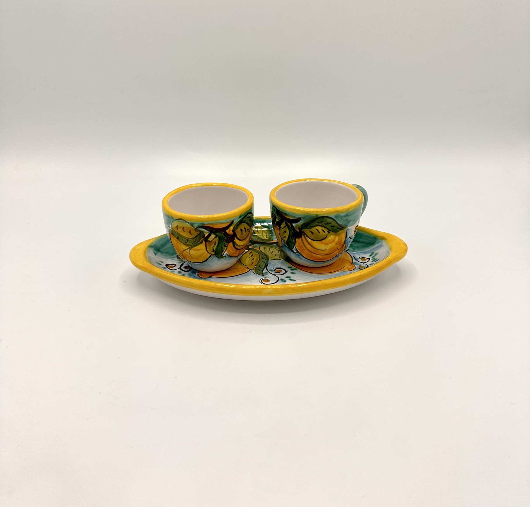 Set 2 tazzine da caffè con vassoio ovale, decoro Limoni